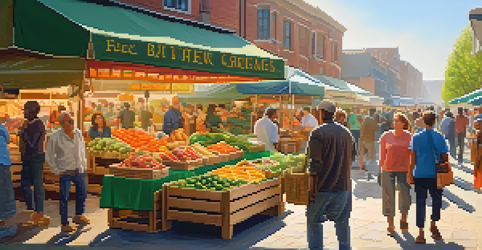 A lively outdoor market with vendors selling organic produce in warm sunlight.