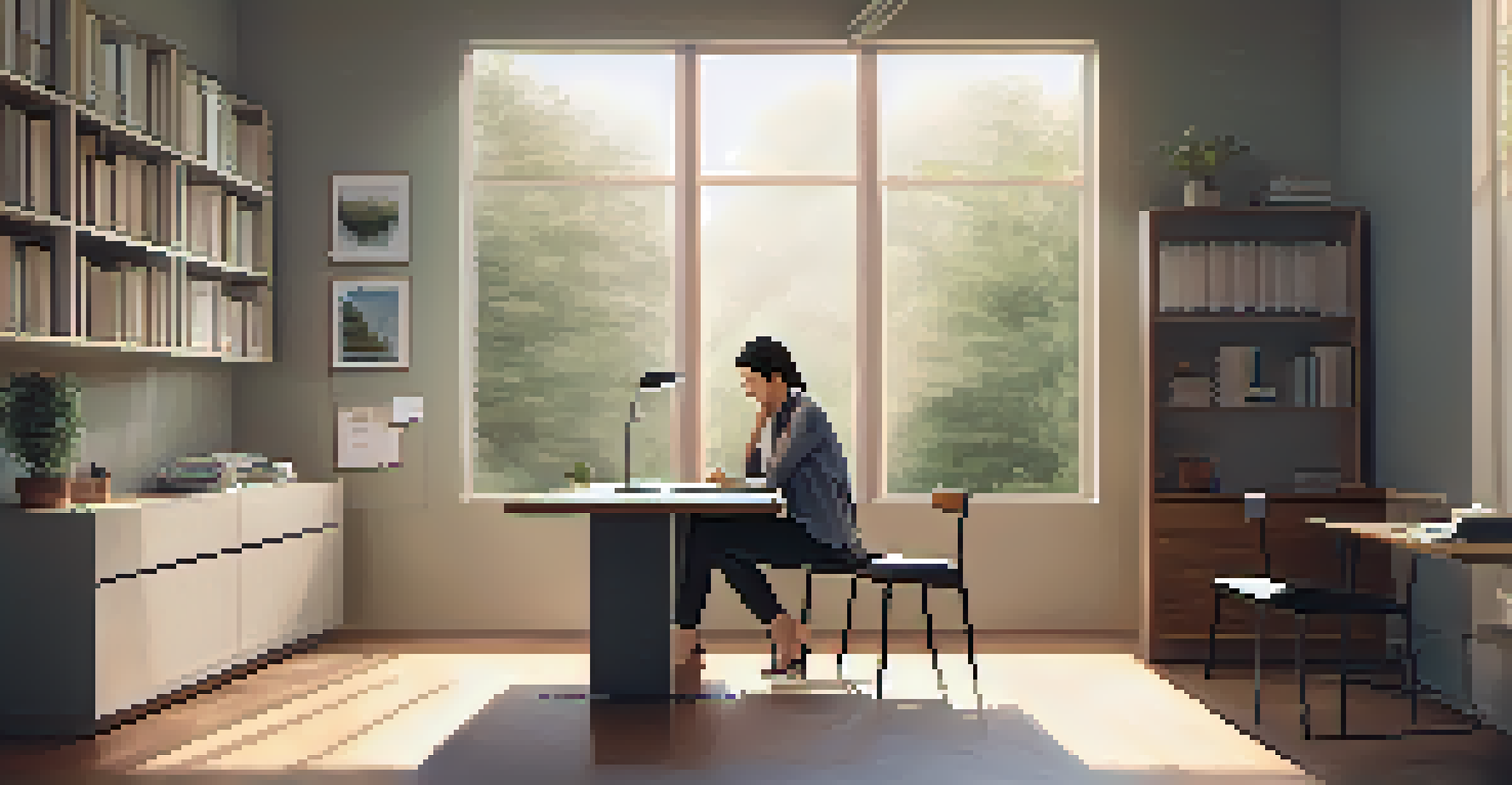 A peaceful quiet zone in an office with a person sitting at a table by a window, writing in a notebook.