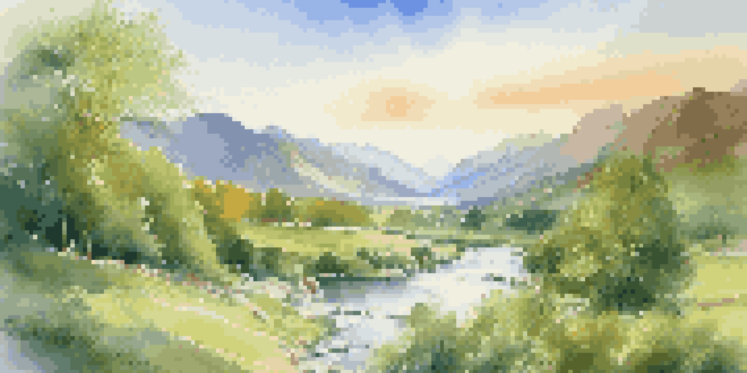 A picturesque valley with a river, mountains, and a clear sky, illuminated by sunlight.