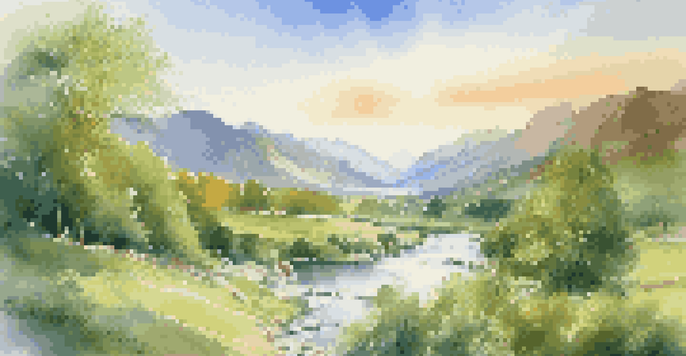 A picturesque valley with a river, mountains, and a clear sky, illuminated by sunlight.