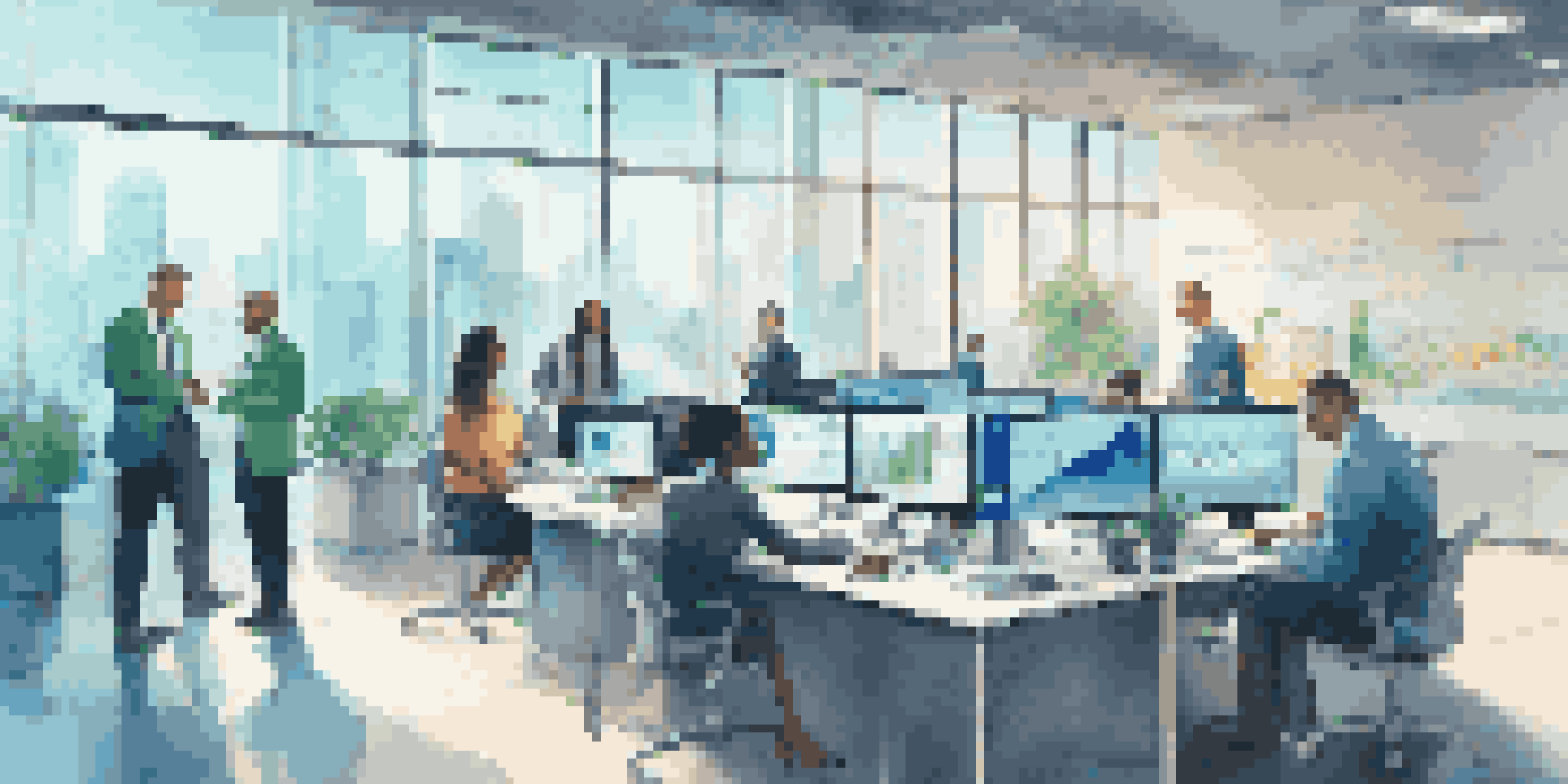 A diverse group of professionals working together in a modern office, discussing fintech solutions with a large digital screen showing financial data.