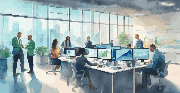 A diverse group of professionals working together in a modern office, discussing fintech solutions with a large digital screen showing financial data.