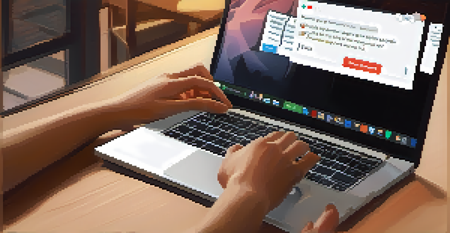 A hand typing a response to an online review on a laptop, with warm lighting and a coffee cup in the background.