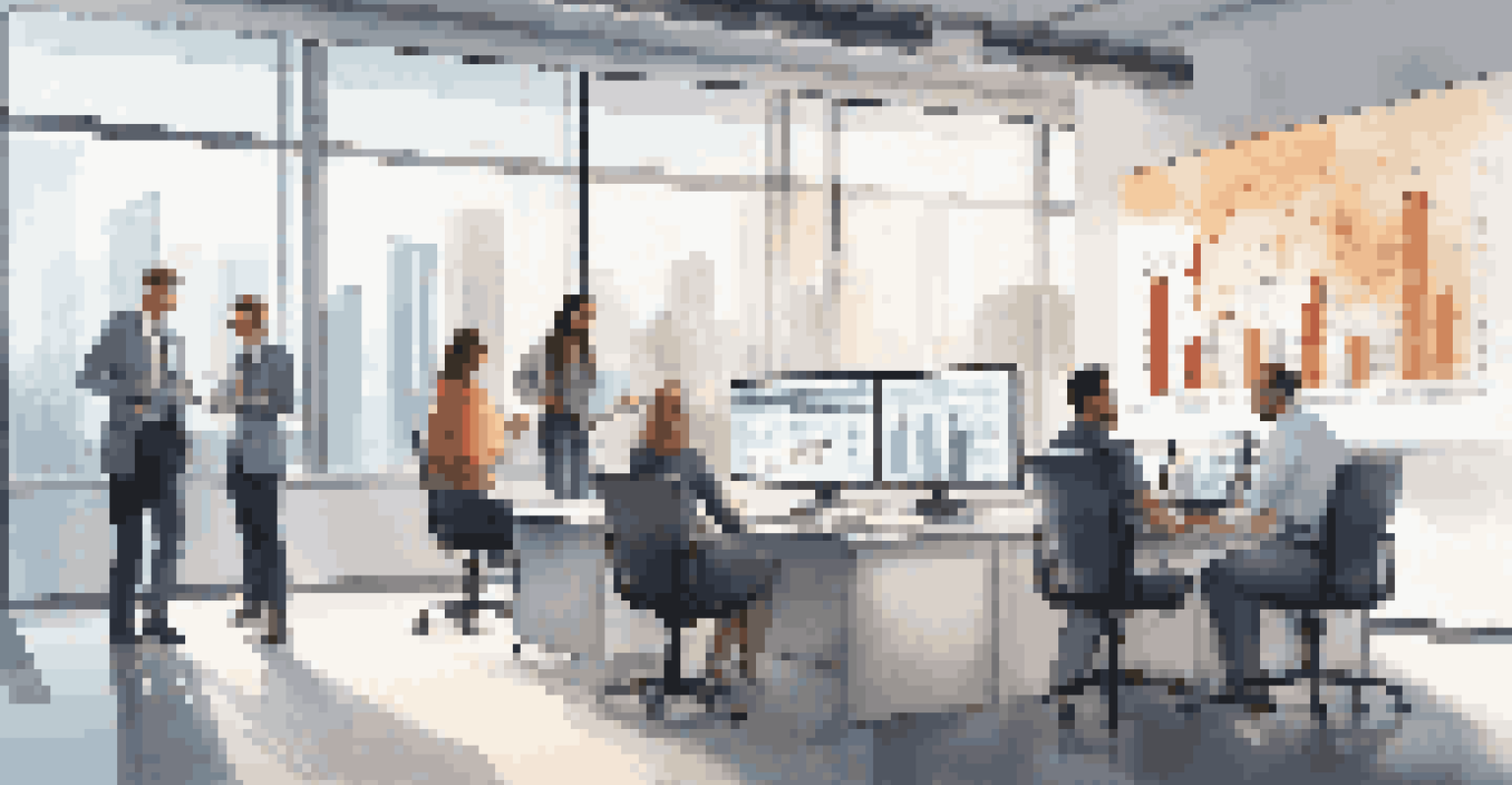 A modern office with professionals discussing data analytics on a digital screen, emphasizing the importance of data quality in business decisions.