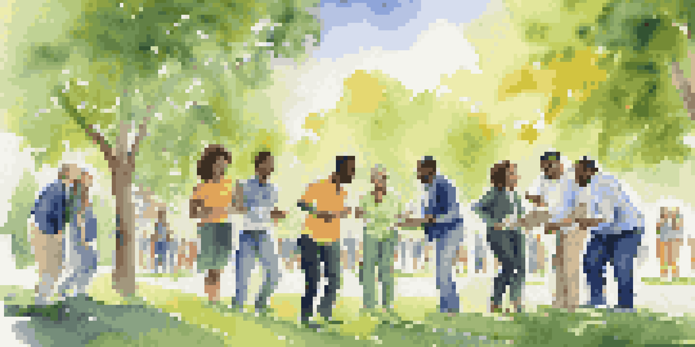 A diverse group of professionals happily collaborating during an outdoor team-building scavenger hunt in a green park under a clear blue sky.
