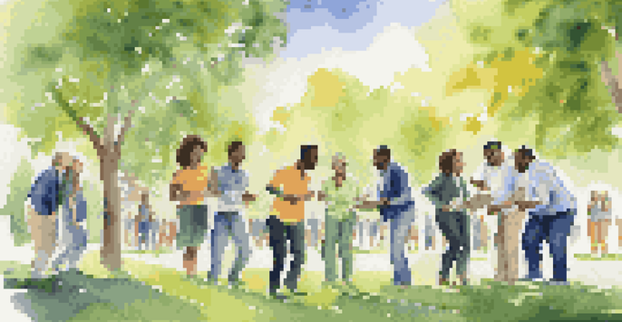 A diverse group of professionals happily collaborating during an outdoor team-building scavenger hunt in a green park under a clear blue sky.