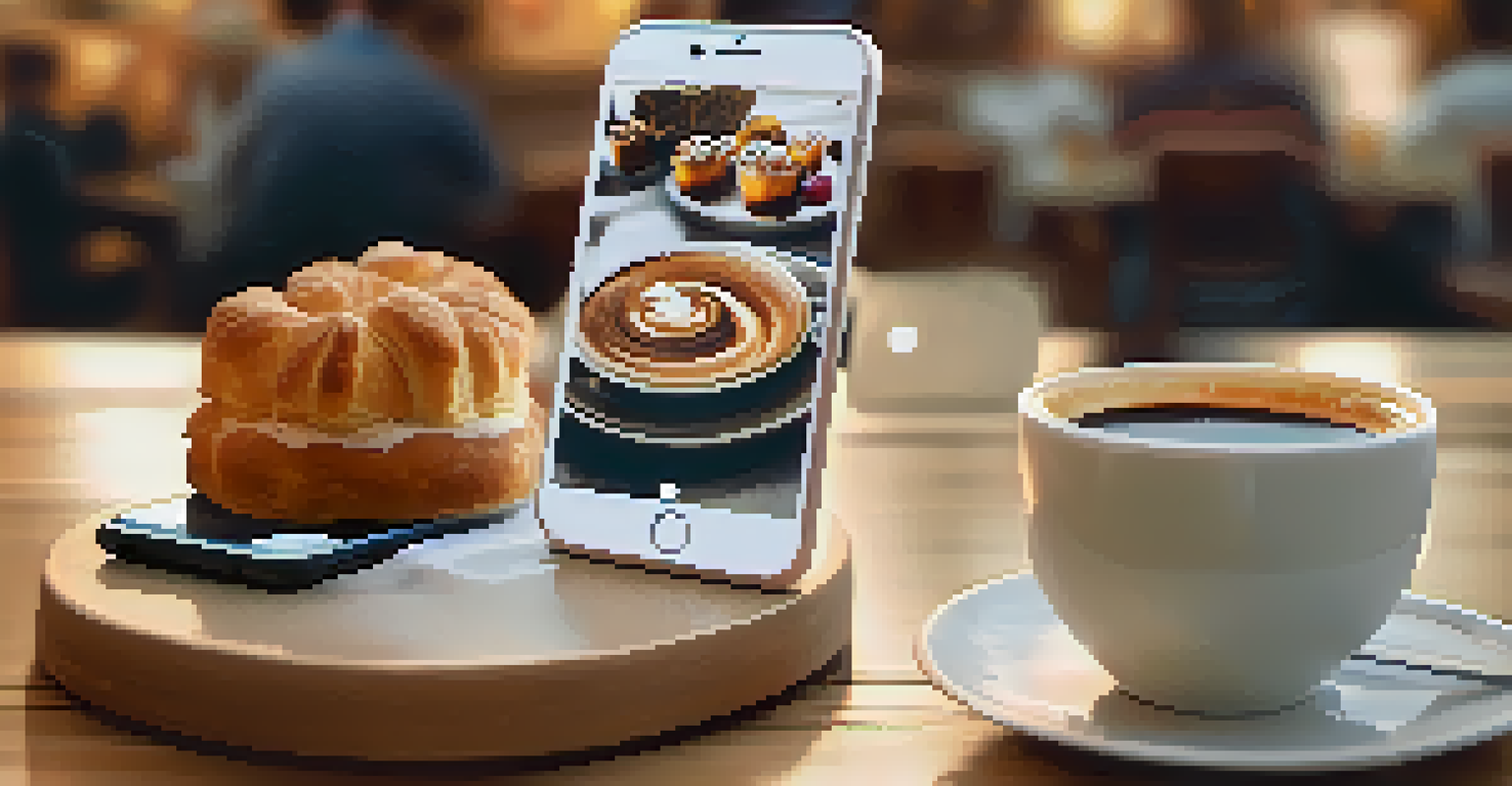 Close-up of a smartphone showing a social media feed in a cozy cafe setting with coffee and pastries.
