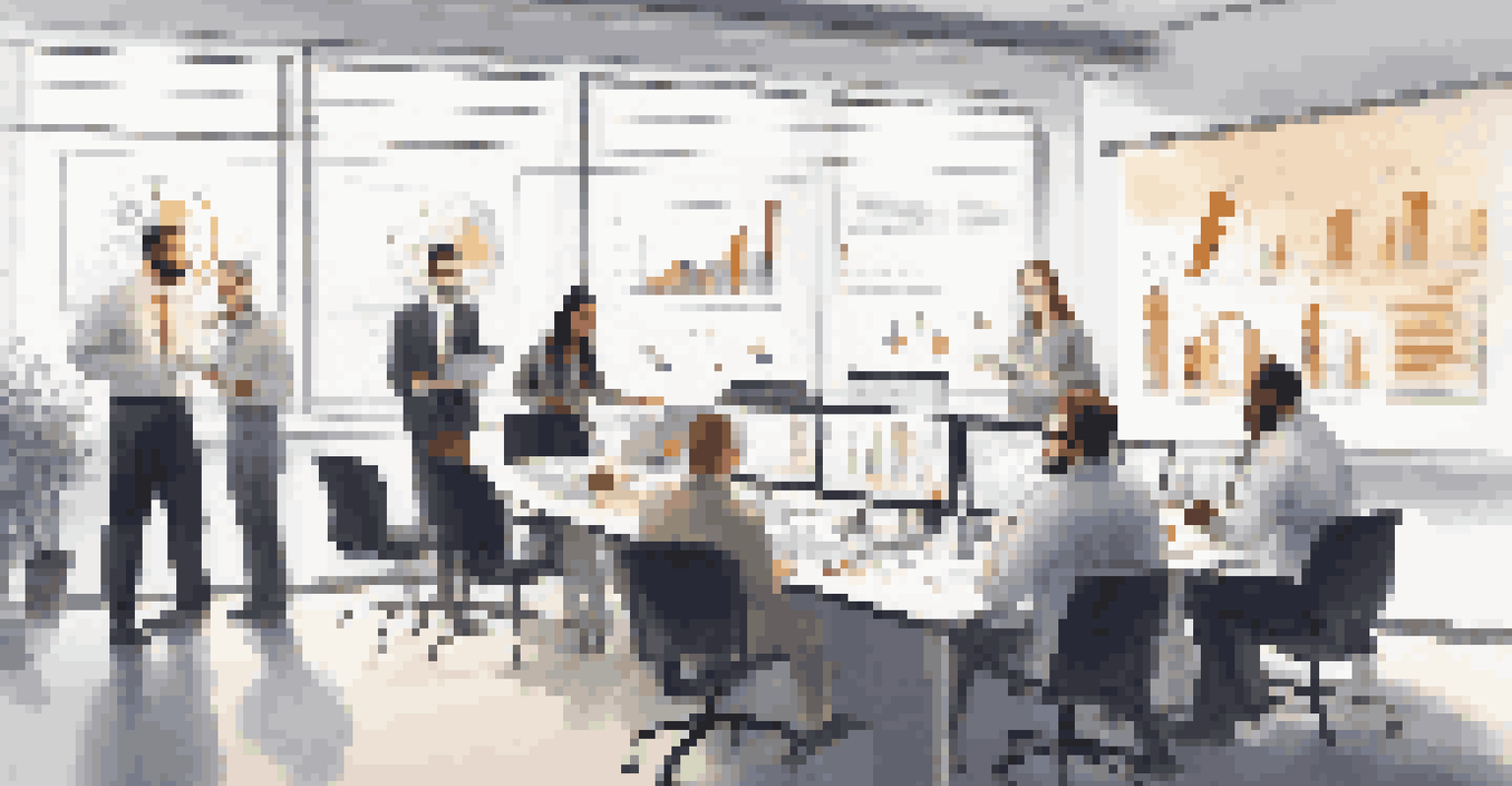 A diverse team in a modern office discussing Six Sigma process improvements, with charts and graphs displayed on a screen.