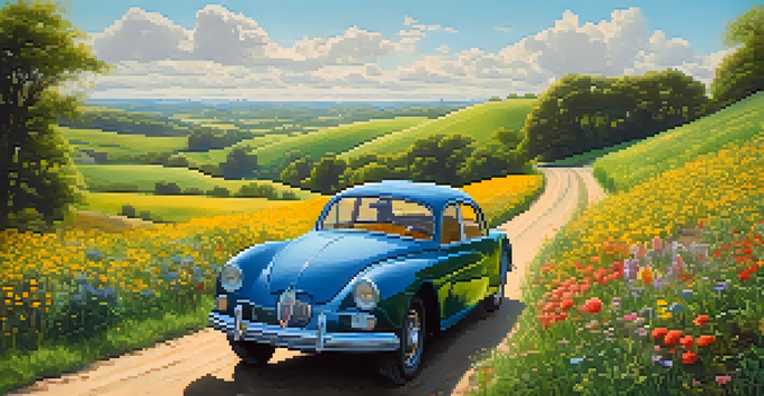 A picturesque countryside scene with a winding road, wildflowers, and a vintage car under a sunny sky.