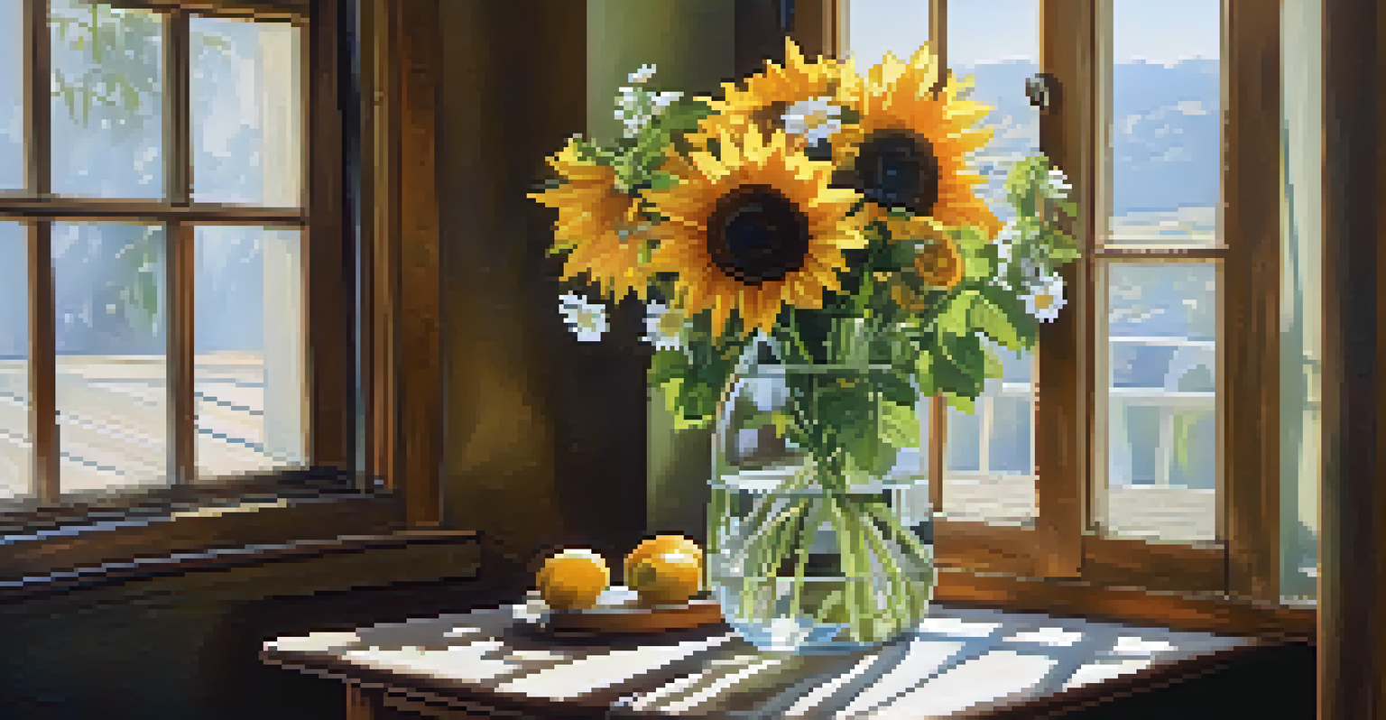 A beautiful still life of fresh flowers in a glass vase on a wooden table, illuminated by soft natural light.