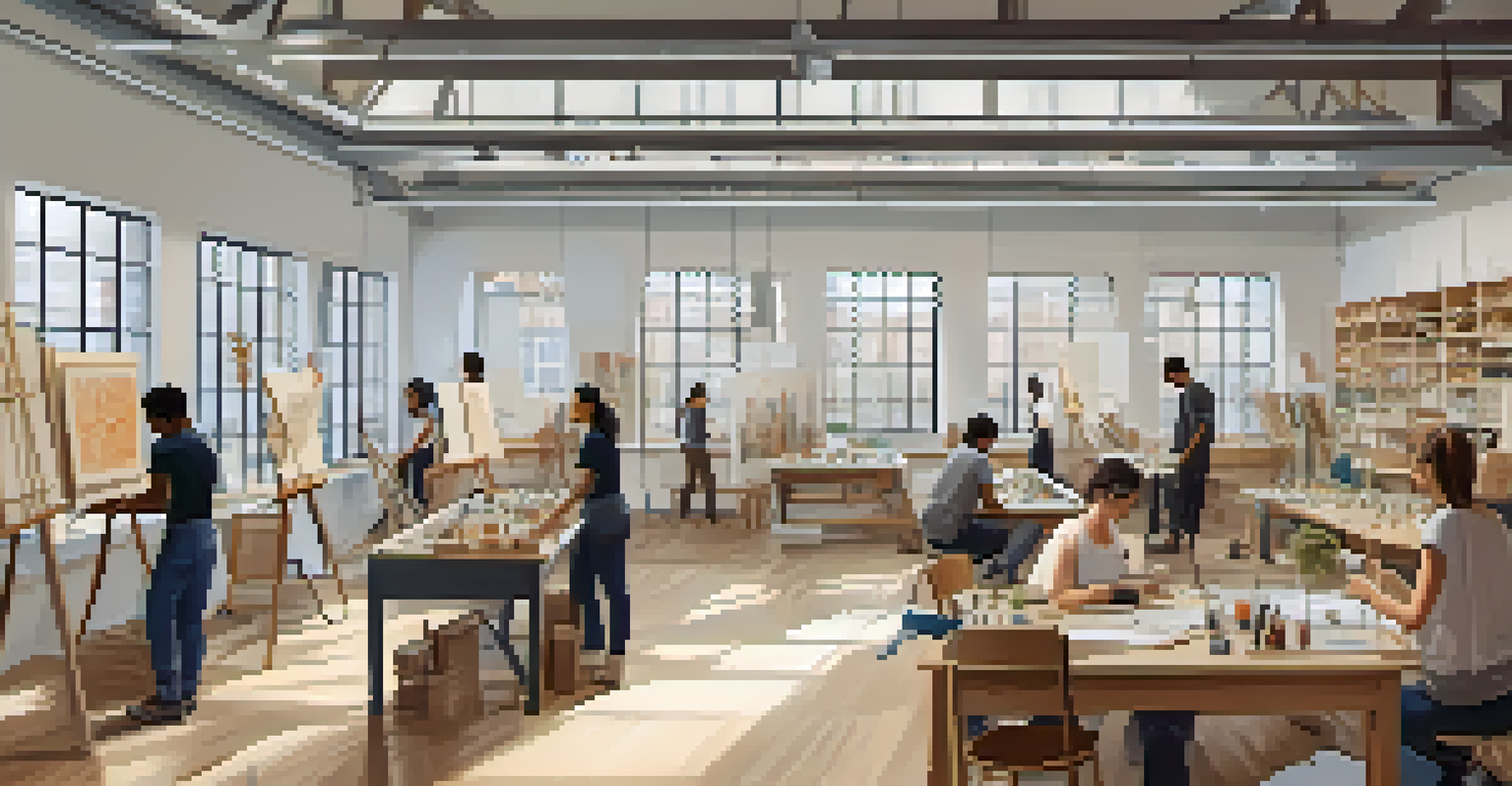 A workshop with diverse employees engaged in a hands-on training session, collaborating on creative projects in a well-lit environment.