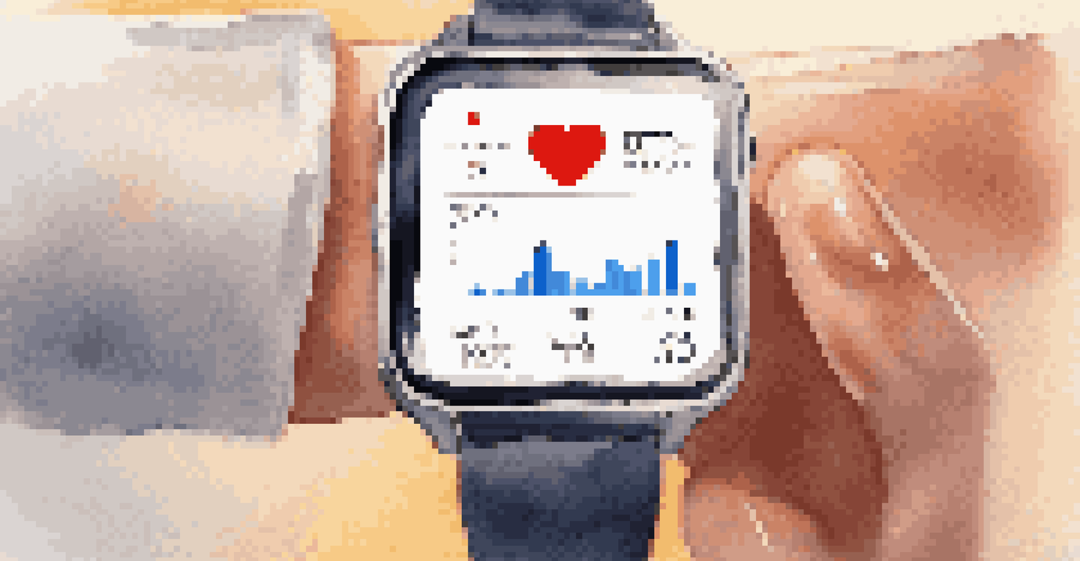 A close-up of a smartwatch showing health metrics like heart rate and steps taken.