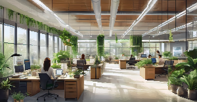 A modern office with employees working together, surrounded by plants and sustainable materials.