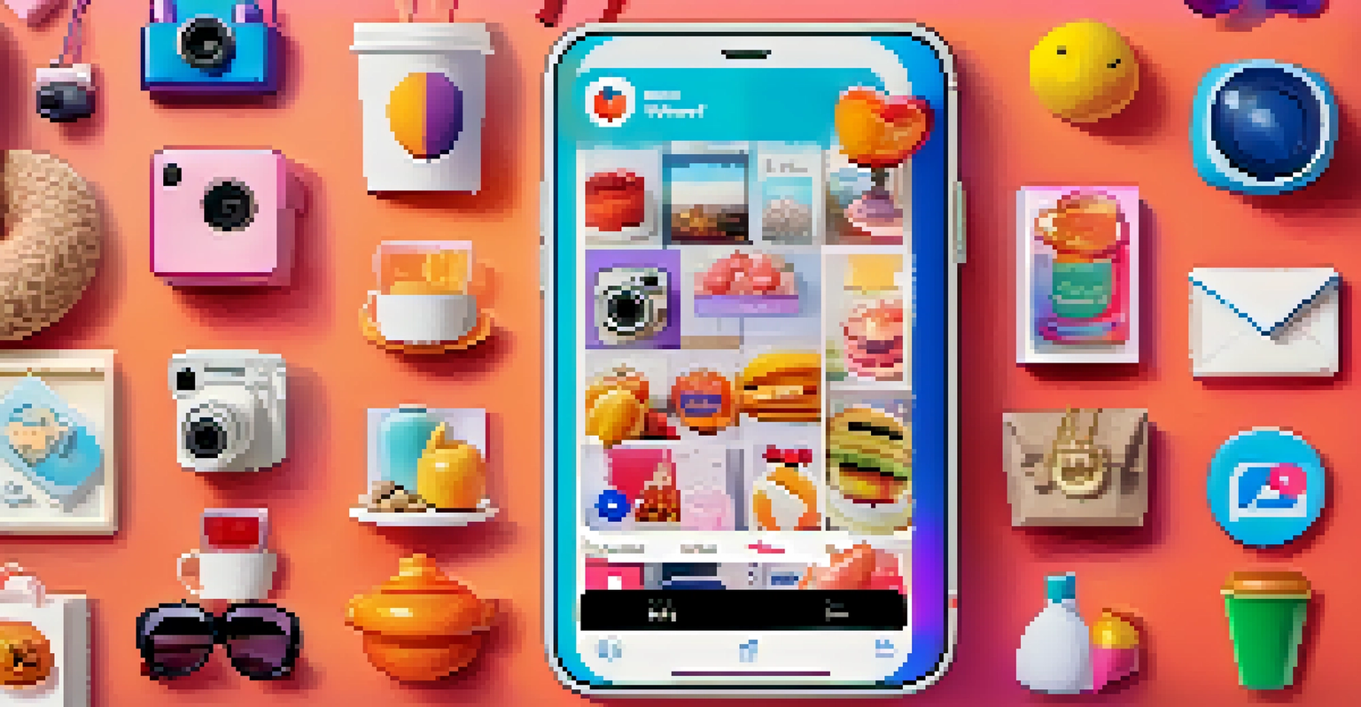 A smartphone displaying a vibrant social media feed with product images and engagement metrics.