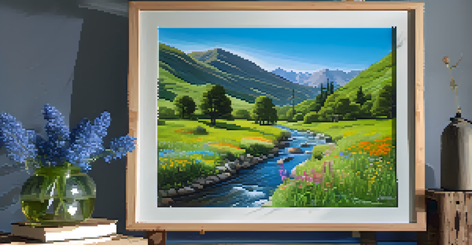A peaceful green valley with a flowing river, wildflowers, and mountains under a blue sky, featuring a signpost that promotes eco-friendly trails.