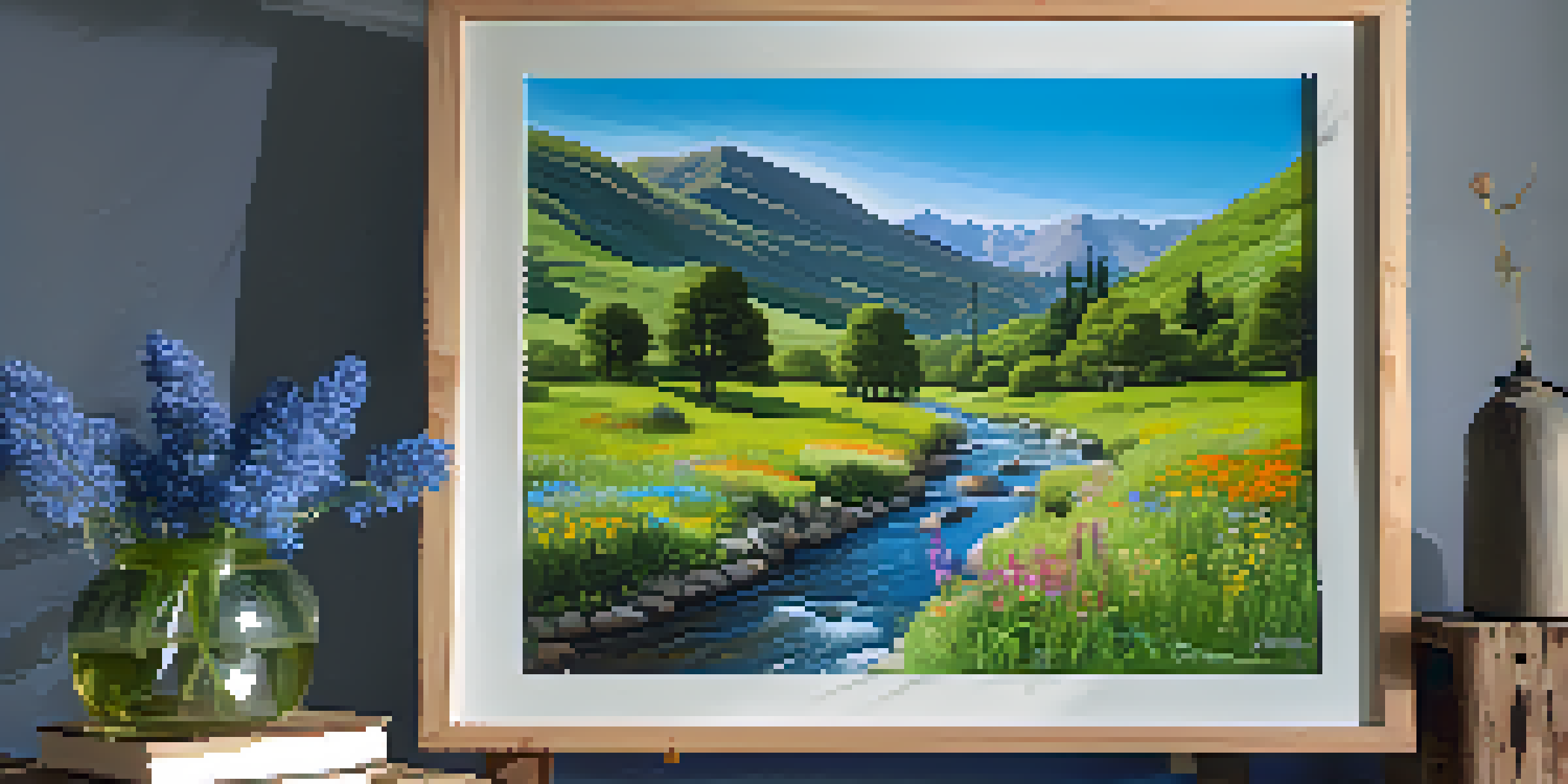 A peaceful green valley with a flowing river, wildflowers, and mountains under a blue sky, featuring a signpost that promotes eco-friendly trails.