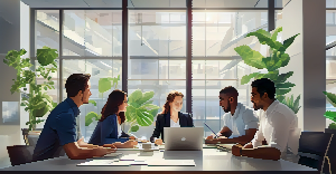A diverse team of professionals discussing ideas in a bright office with plants and motivational posters.