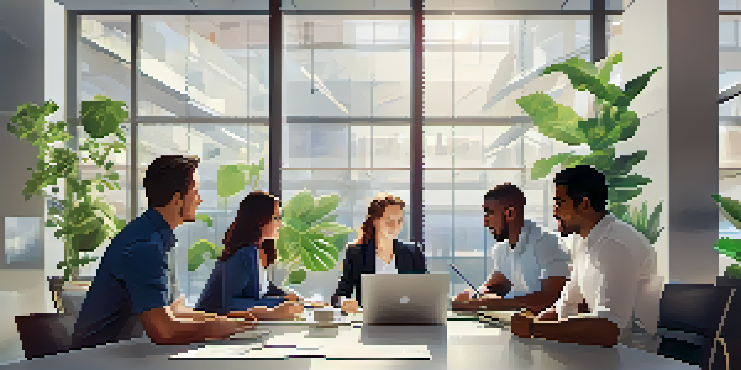 A diverse team of professionals discussing ideas in a bright office with plants and motivational posters.