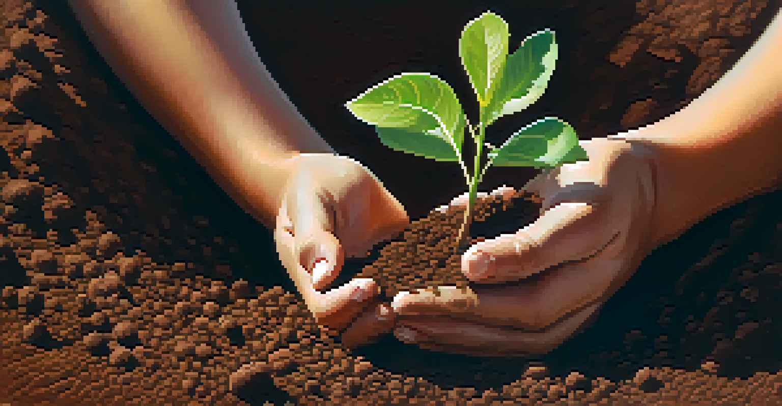 Hands planting a small tree in the soil, representing sustainability and growth.