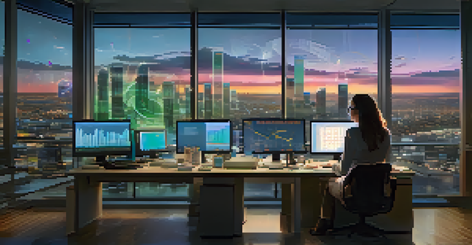 A data analyst at a modern desk with multiple screens showing colorful data charts, illuminated by soft ambient lighting and a cityscape visible through a large window.