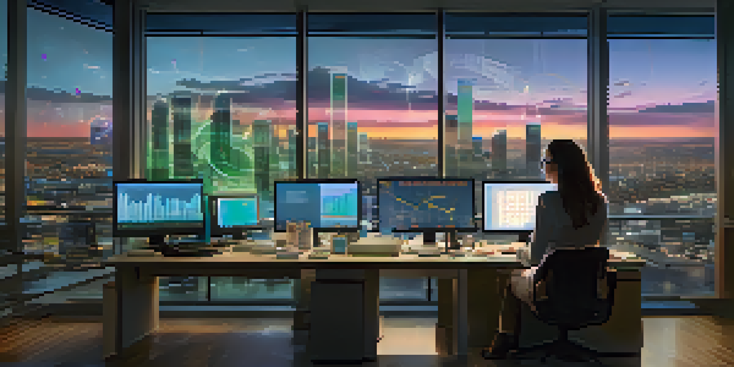 A data analyst at a modern desk with multiple screens showing colorful data charts, illuminated by soft ambient lighting and a cityscape visible through a large window.
