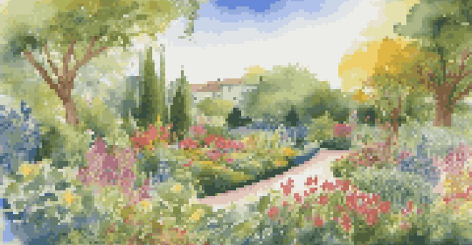 A bright garden filled with various plants and flowers, representing sustainability in business, under a clear blue sky.