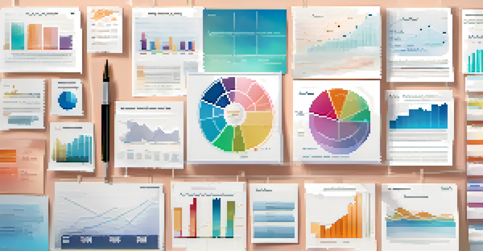An artistic collage of business communication visuals including charts, graphs, and videos on a pastel background.