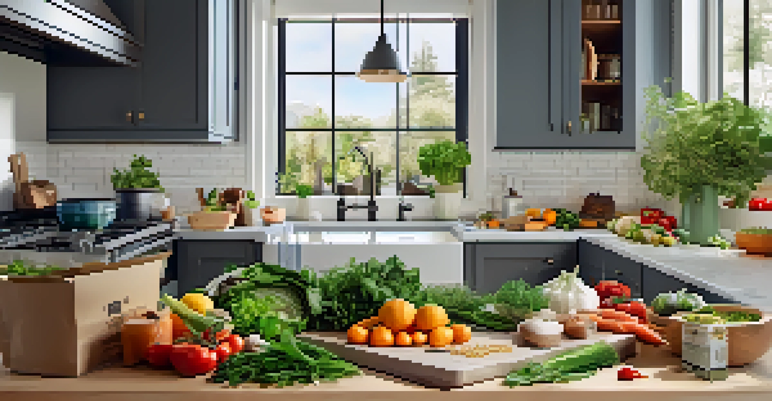 A colorful kitchen scene with fresh ingredients from a meal kit subscription, recipe card visible.