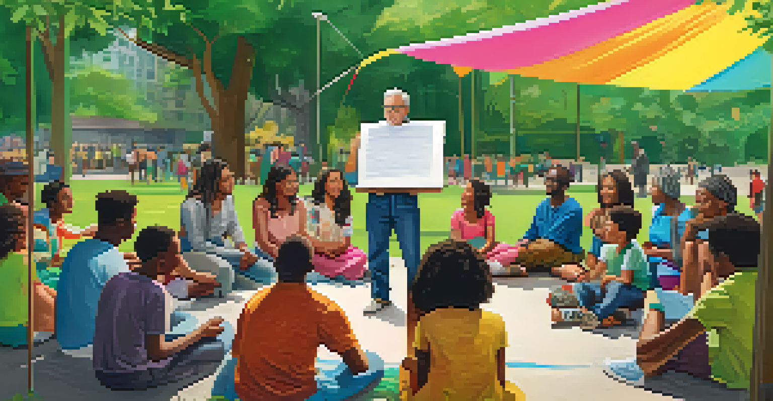 A diverse group of people engaged in a community meeting in a park, sitting in a circle with a flip chart.