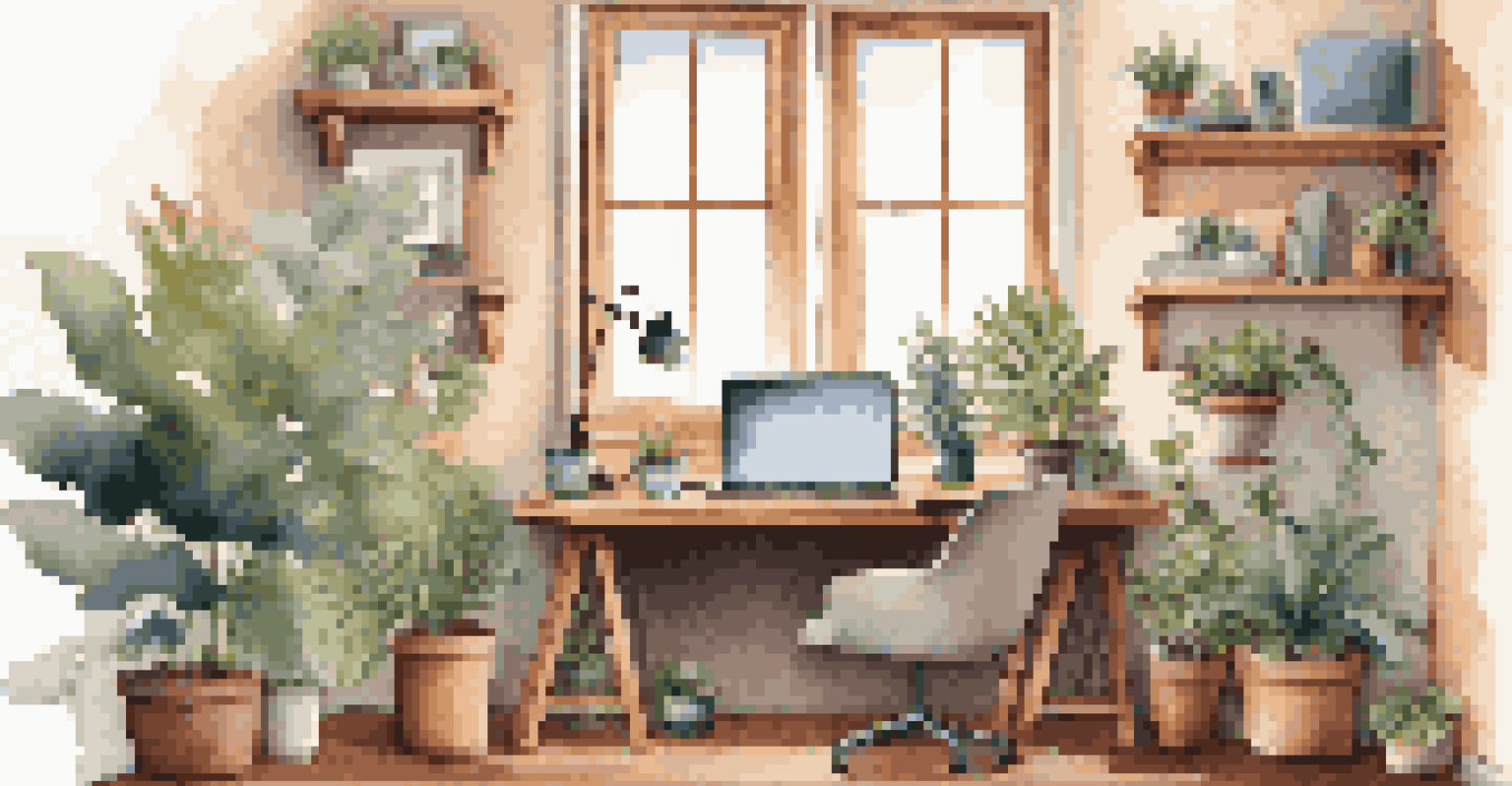A cozy home office with an employee working on a laptop, surrounded by plants and a warm atmosphere.