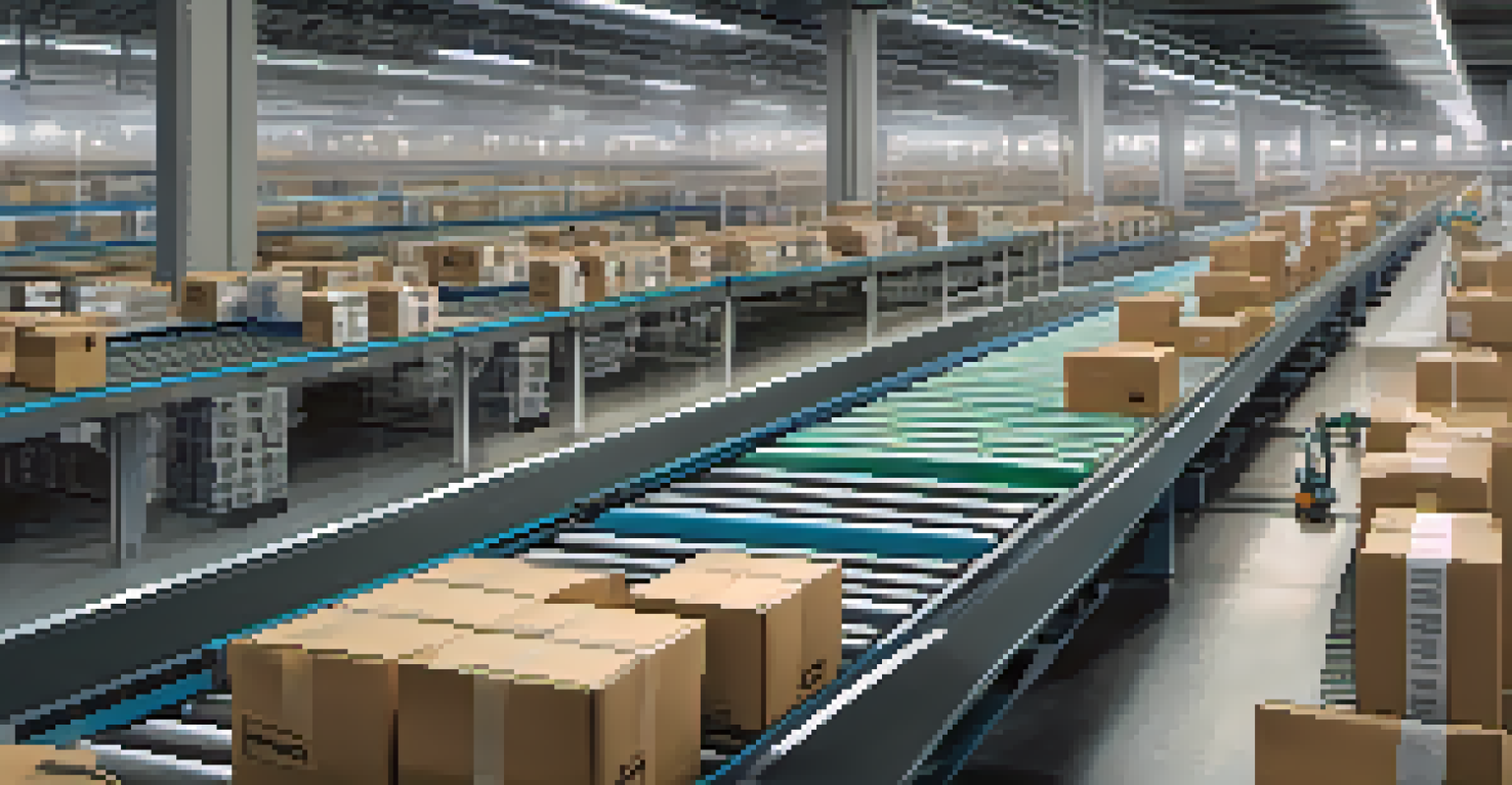 An advanced automated warehouse with robotic systems organizing packages on a conveyor belt.