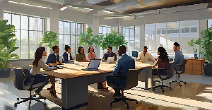 A diverse team of employees in a bright office engaged in a collaborative discussion, with natural light and plants in the background.