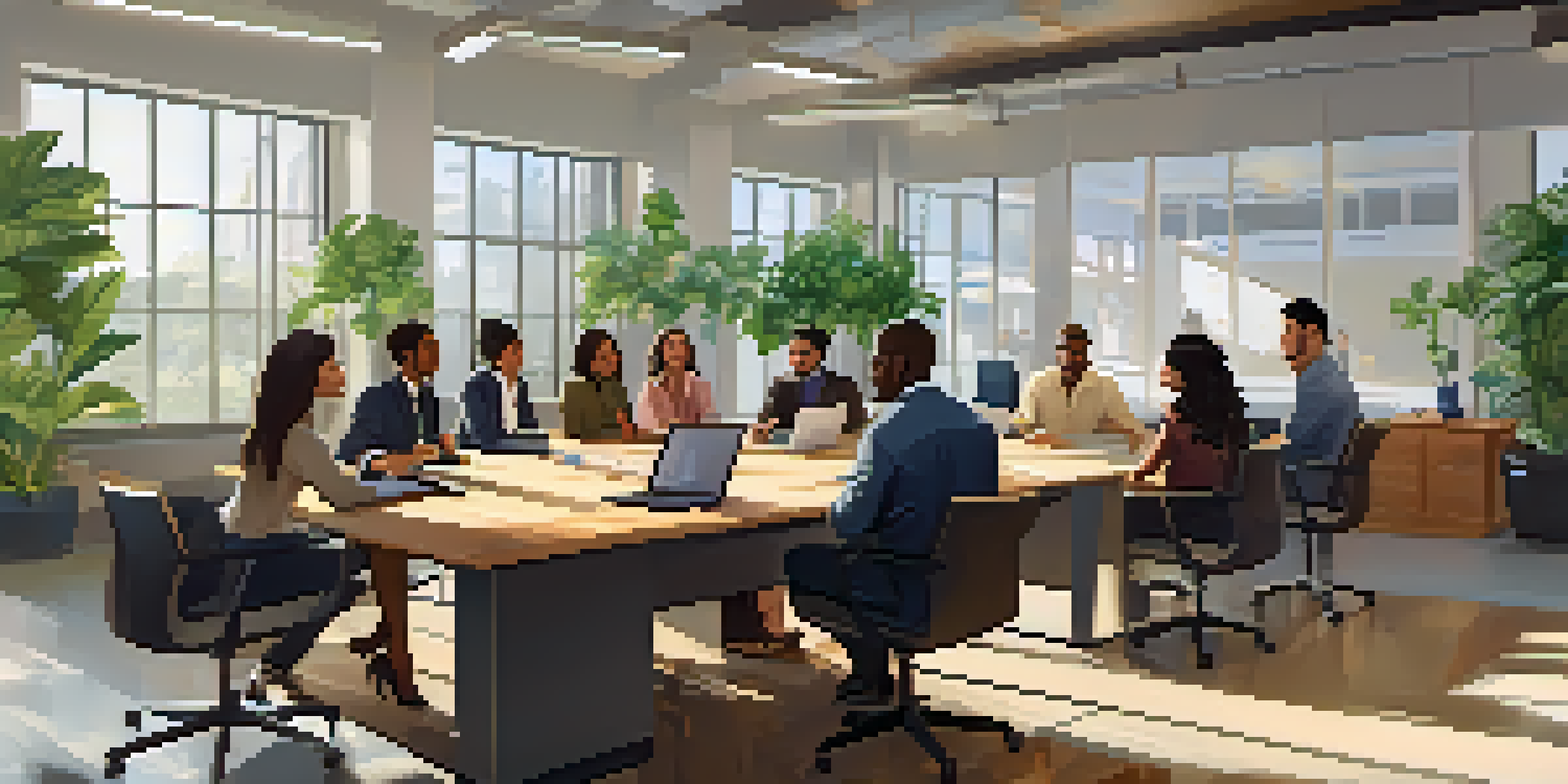 A diverse team of employees in a bright office engaged in a collaborative discussion, with natural light and plants in the background.