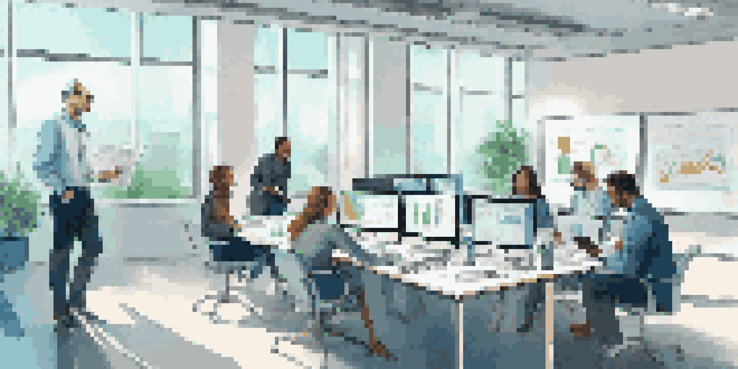 A diverse team of professionals in a bright office discussing risk assessment, with documents and digital screens around them.