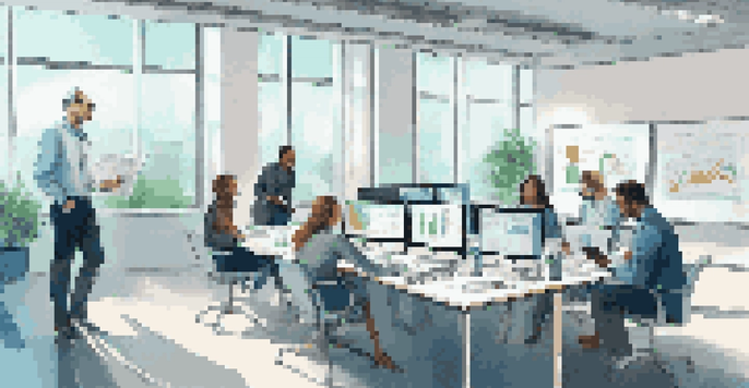 A diverse team of professionals in a bright office discussing risk assessment, with documents and digital screens around them.