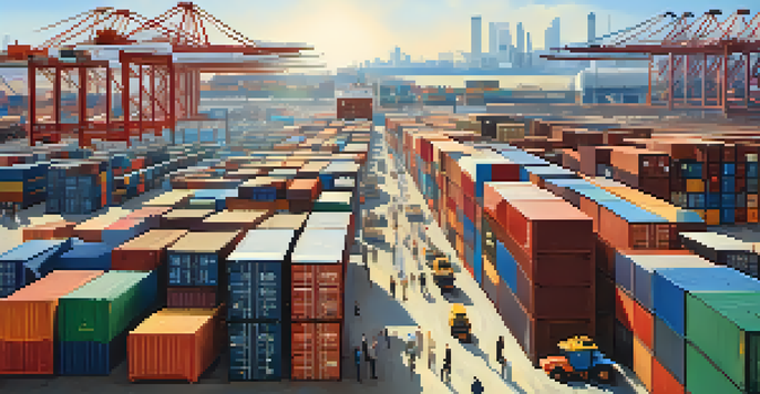 A diverse group of business professionals discussing in a busy international trade market, surrounded by shipping containers and colorful flags.