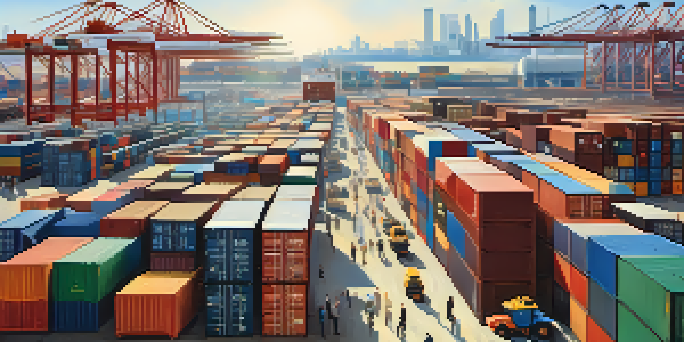 A diverse group of business professionals discussing in a busy international trade market, surrounded by shipping containers and colorful flags.