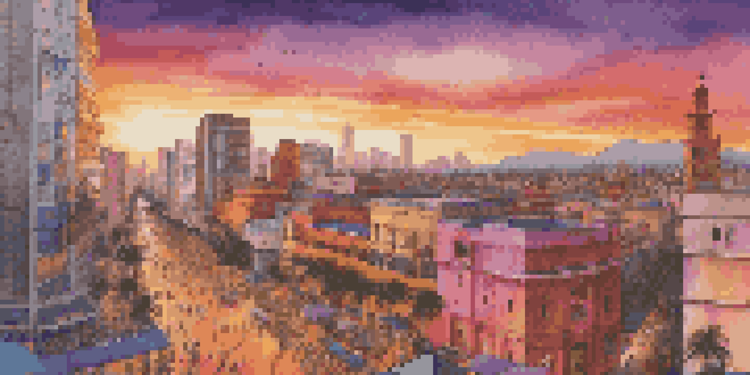 A vibrant sunset view of a Mexican city skyline, with modern and traditional buildings, palm trees, and bustling streets.