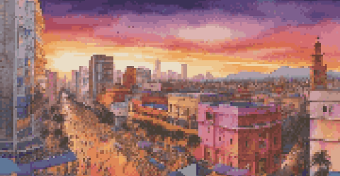 A vibrant sunset view of a Mexican city skyline, with modern and traditional buildings, palm trees, and bustling streets.