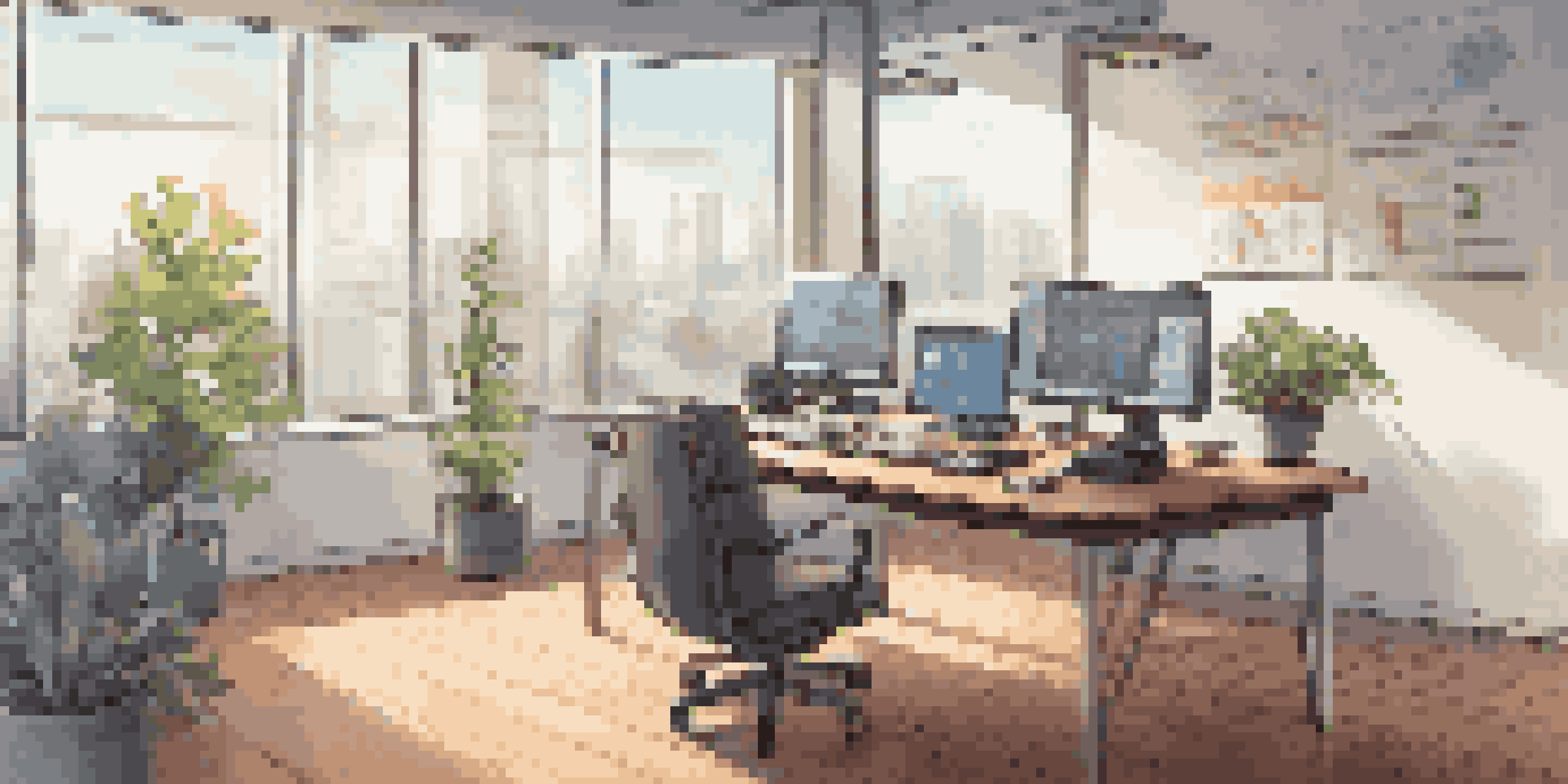 A modern office with a desk, laptop, notepad, plant, and a wall screen displaying cybersecurity information.