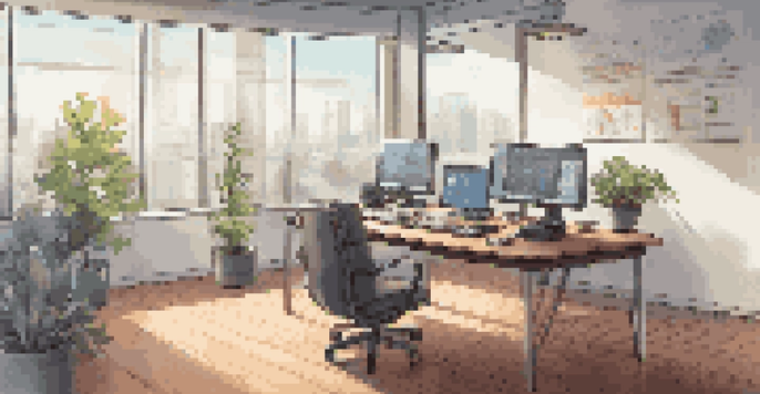 A modern office with a desk, laptop, notepad, plant, and a wall screen displaying cybersecurity information.