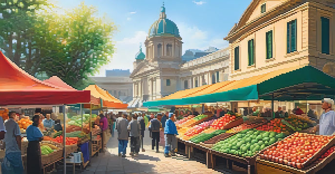 A lively outdoor market with colorful stalls and diverse shoppers under the bright sun.