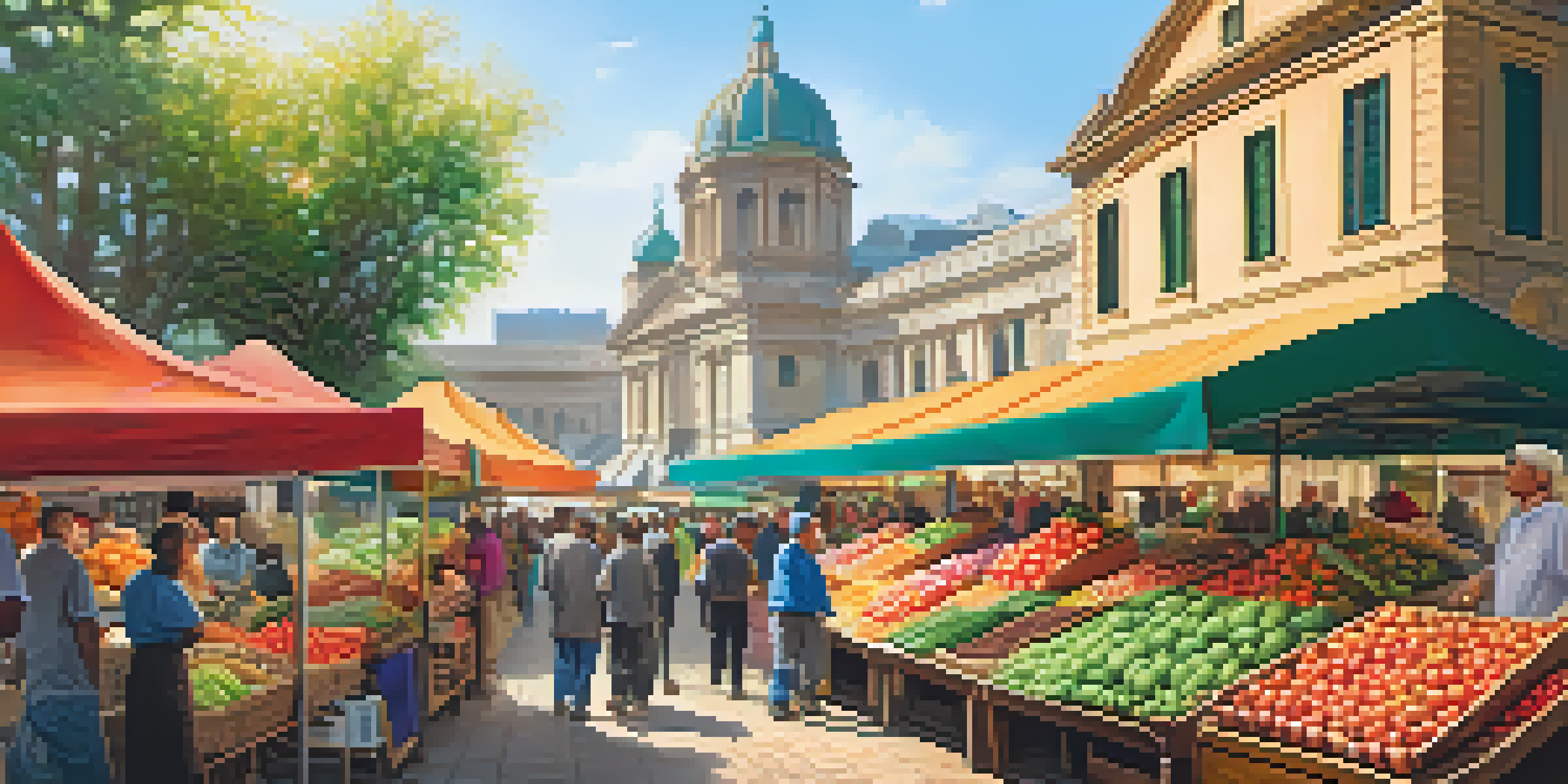 A lively outdoor market with colorful stalls and diverse shoppers under the bright sun.