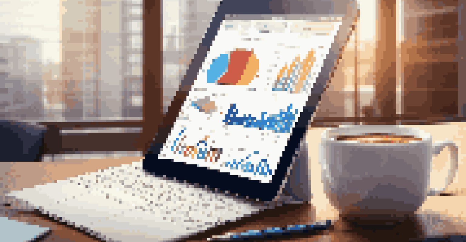 A digital tablet showing data analytics surrounded by office supplies and a coffee cup on a desk.