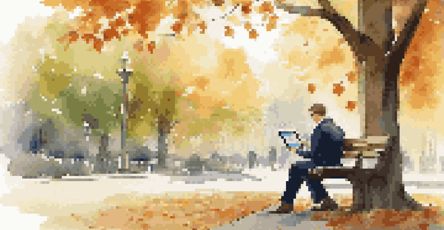 A business professional in a park reviewing data on a tablet surrounded by autumn leaves and trees.
