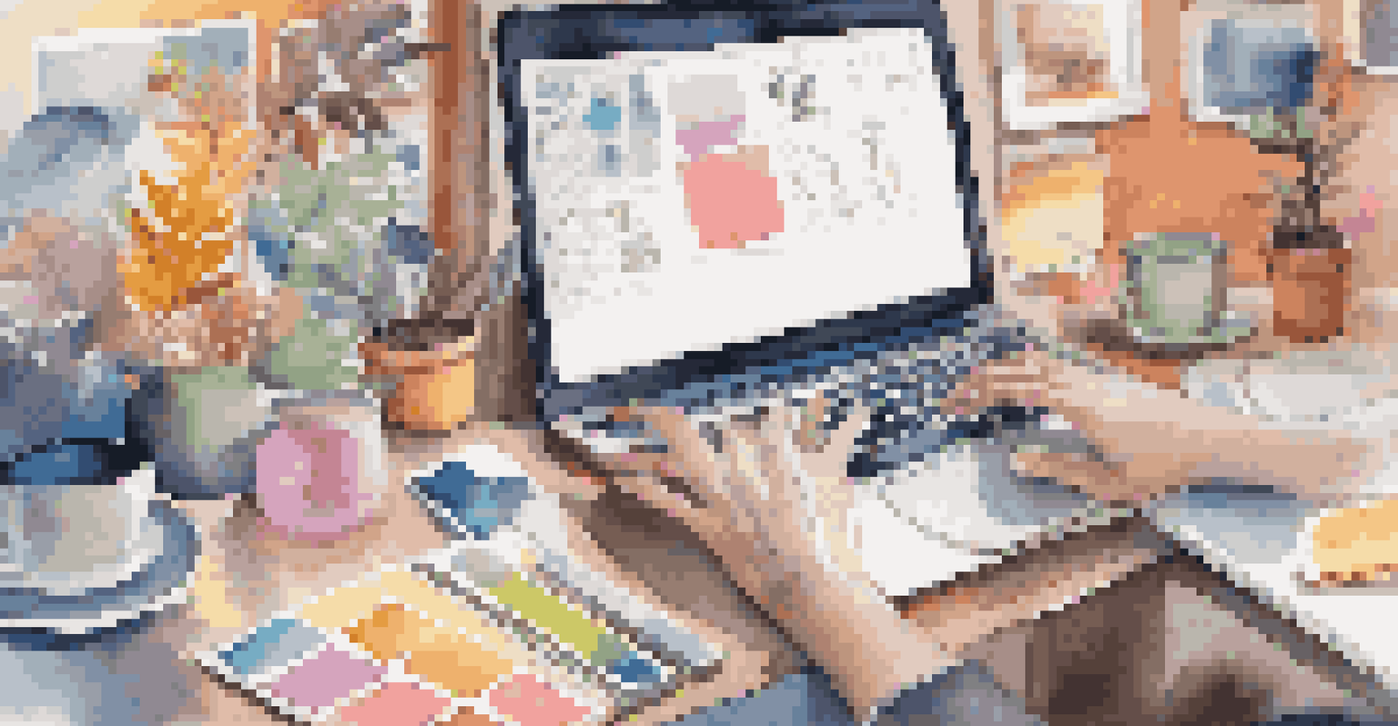 Close-up of hands typing on a laptop surrounded by notebooks and coffee cups in a colorful creative workspace.