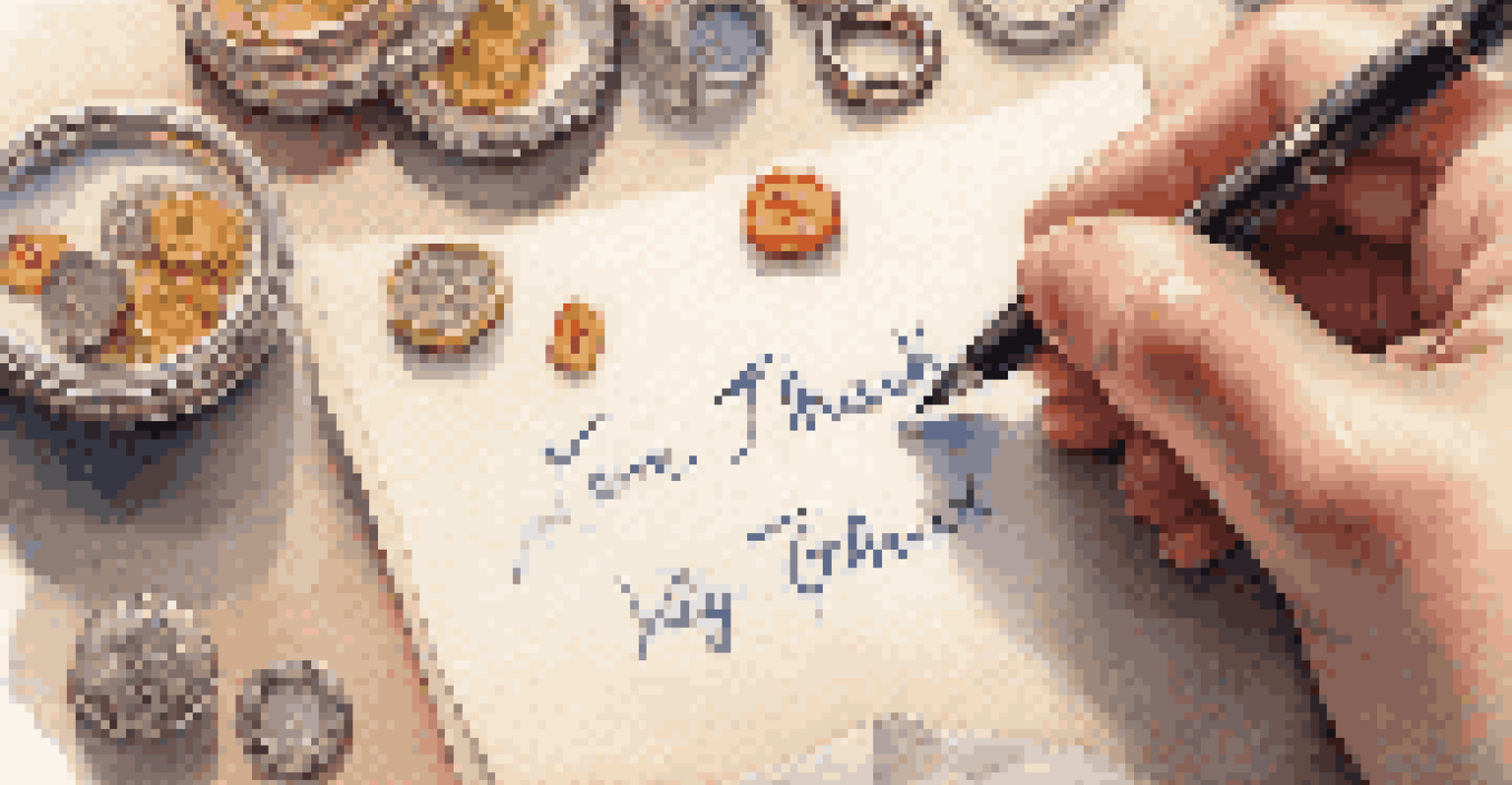 A close-up of a hand writing a thank-you note, with small tokens of appreciation in a warm, cozy setting.