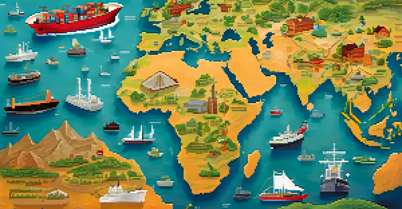 A colorful global supply chain map showing connections to sustainable sources with icons for ethical practices.