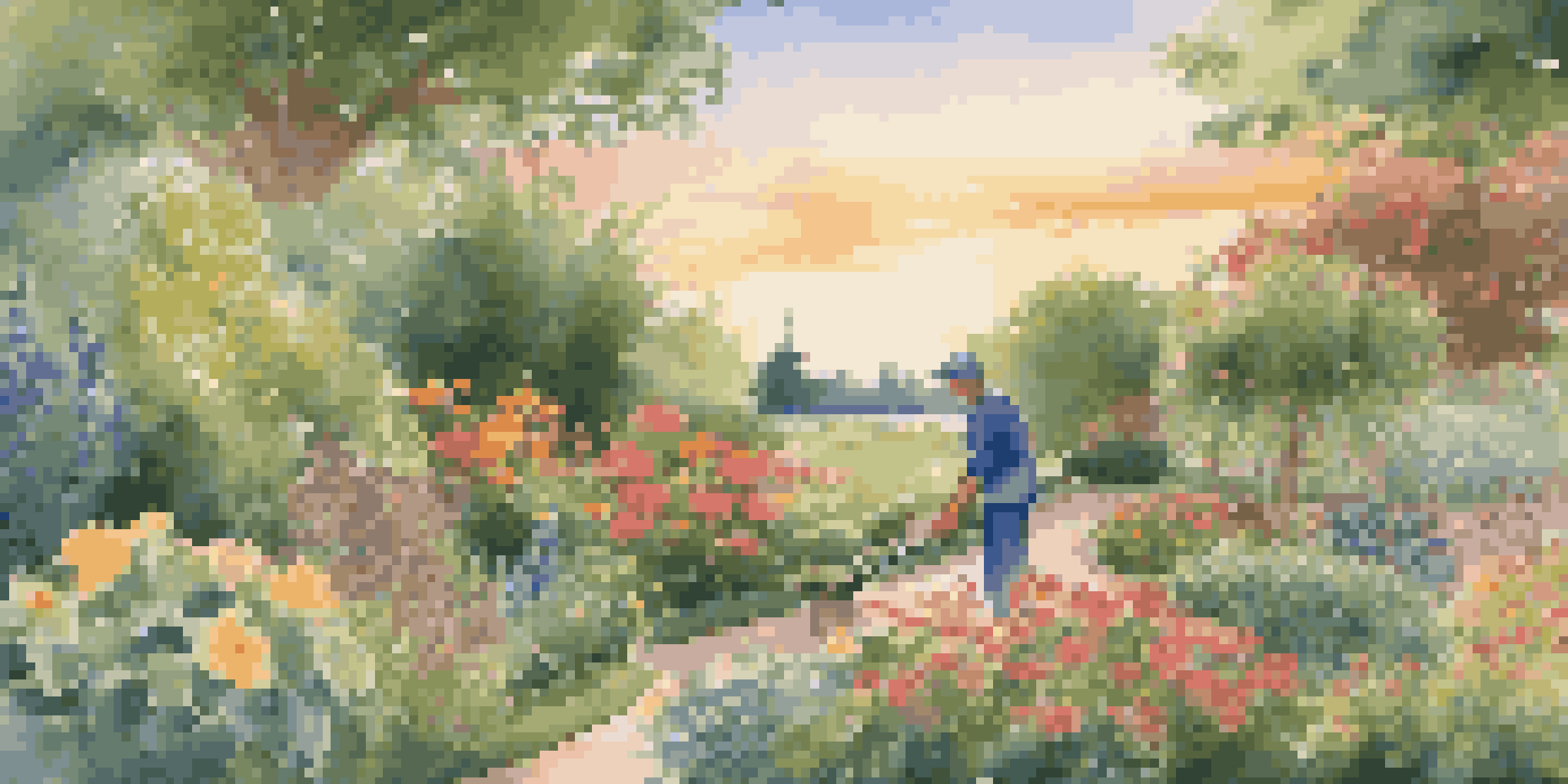A gardener in a blooming garden, nurturing plants under a golden sunset.