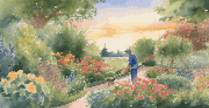 A gardener in a blooming garden, nurturing plants under a golden sunset.